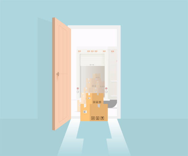 ilustrações de stock, clip art, desenhos animados e ícones de delivery to door concept with opened front door and delivery package boxes and delivery truck outside. vector illustration - open front door