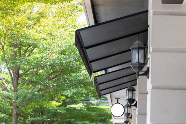istock black canvas awning in front of shop. 1235196084