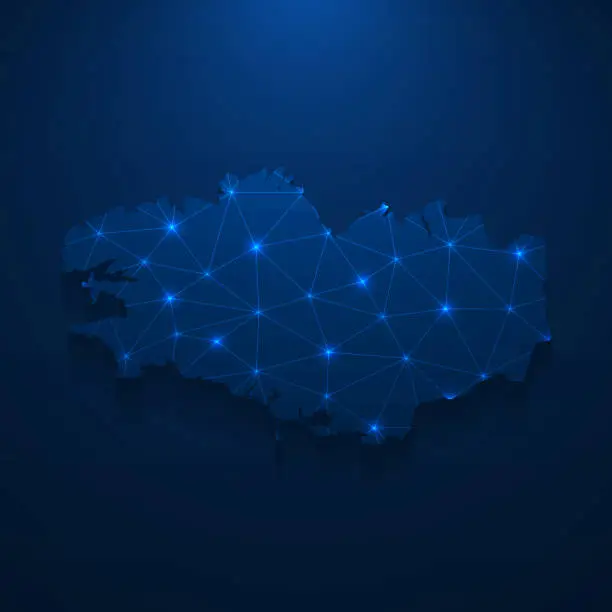 Vector illustration of Brittany map network - Bright mesh on dark blue background