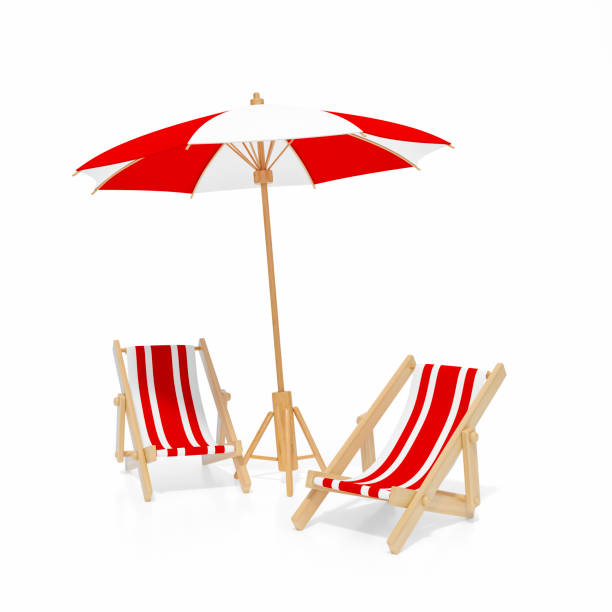 istock Beach chair, Deck chair with red and white stripes isolated on white background 3d rendering. Sunchair, wooden beach lounge chair with umbrella. 3d illustration Relax, holiday Summer minimal concept. 1235222301