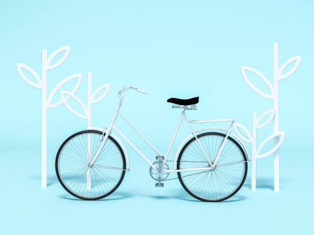 istock White bicycle with tree shape decoration frame 3d rendering. 3d illustration ecological urban transport. Vintage bicycle on yellow background. Relax, travel, holiday template Summer minimal concept. 1235233264