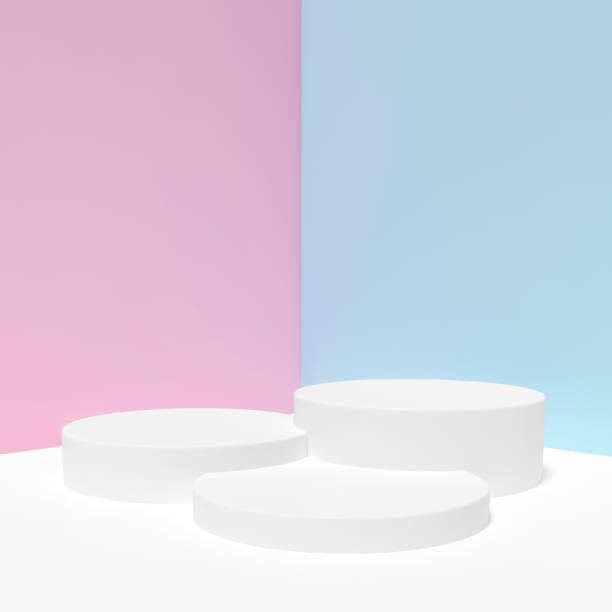 istock White podium stage backdrop on blue and pink two tone background for product display stand or used in other designs 3d rendering. 3d illustration template minimal beauty style concept. 1235237448