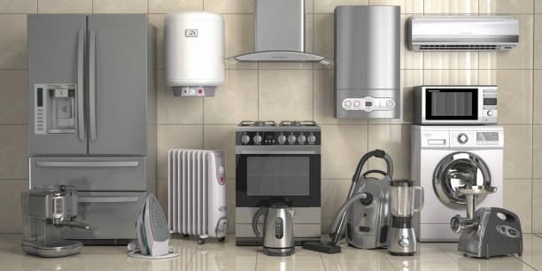 istock Set of home kitchen appliances on the wall background. Household technics. 1235238883