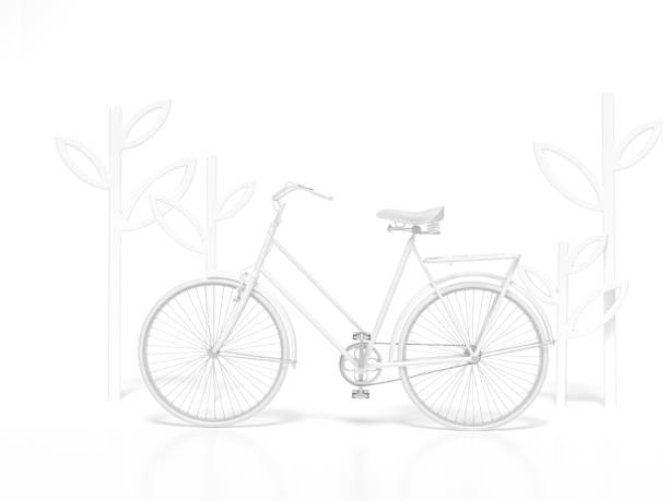 White bicycle with tree shape decoration frame 3d rendering. 3d illustration ecological urban transport. Vintage bicycle on white background. Relax, travel, holiday template Summer minimal concept.