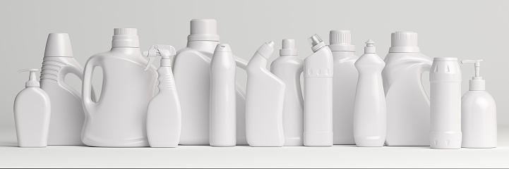 Set of detergent plastic bottles with chemical cleaning product on white background. 3d illustration