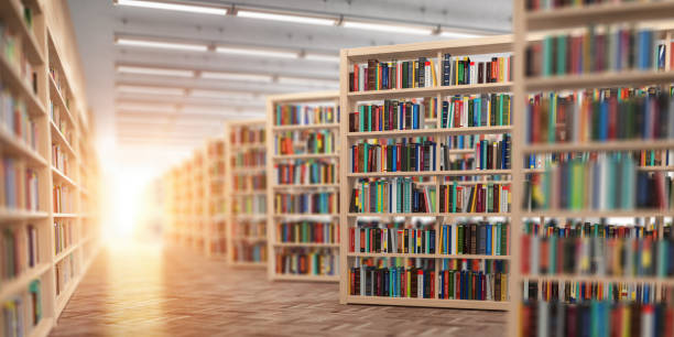 라이브러리. 책과 교과서가 있는 책장. 학습 및 교육 개념. - 도서관 이미지 뉴스 사진 이미지