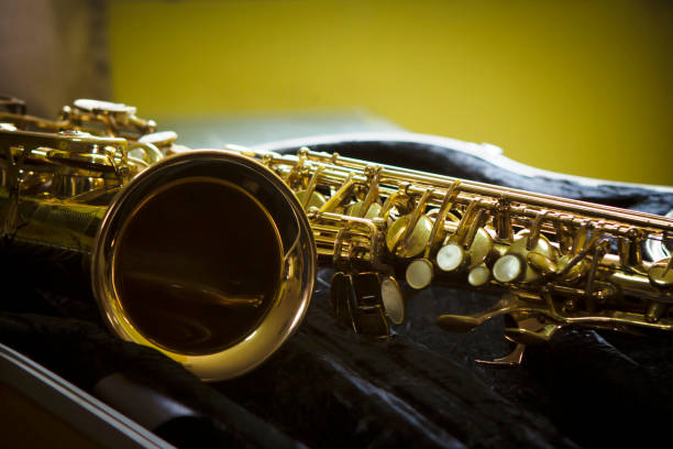 close up of alto saxophone in open case on table