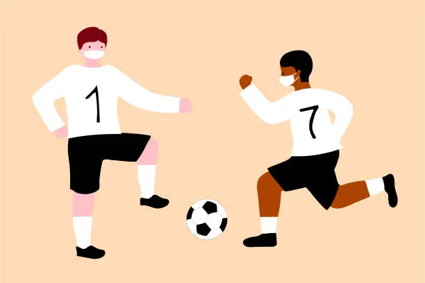 Vector illustration of 2 Players are using protective masks, playing soccer together.