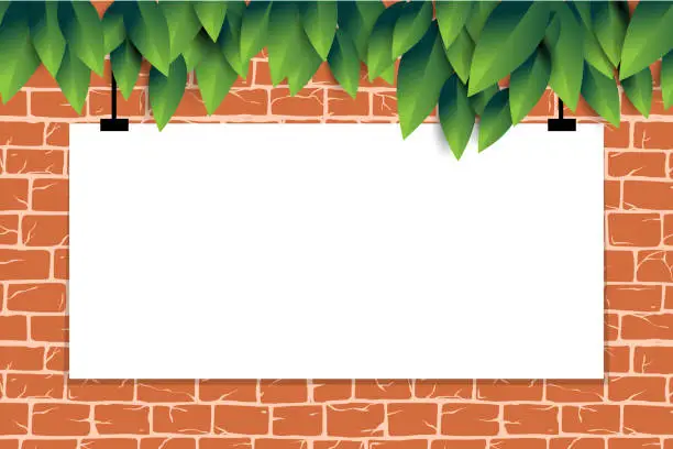 Vector illustration of Brick wall with empty poster, template for promotion, old rectangle bricks for poster house facade decoration.  Rough vector exterior, interior of room, tool shop, DIY store, garden center or graffiti