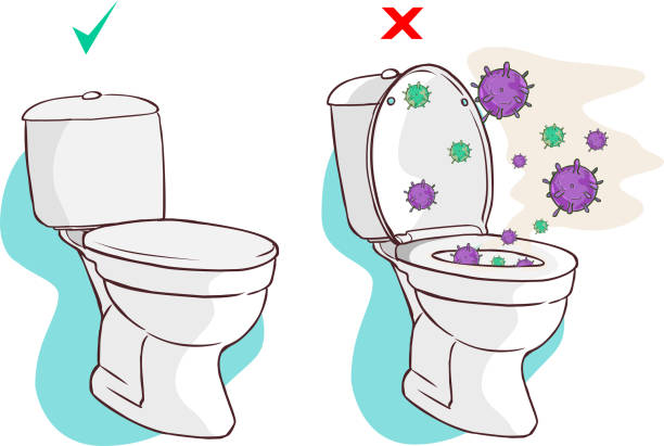 Open toilet lid cause dispersal of germ as a result of flushing Open toilet lid cause dispersal of germ as a result of flushing flushing toilet stock illustrations