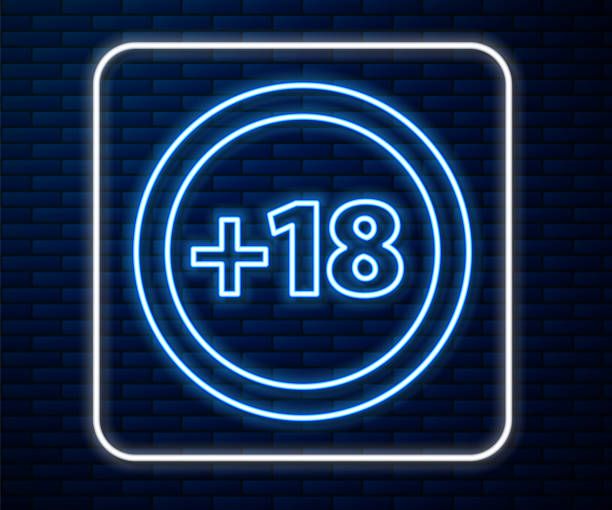 istock Glowing neon line Plus 18 movie icon isolated on brick wall background. Adult content. Under 18 years sign. Vector Illustration 1235293241