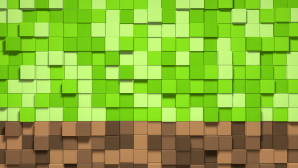 istock 3D Abstract cubes. Video game geometric mosaic waves pattern. Construction of hills landscape using brown and green grass blocks 1235300104
