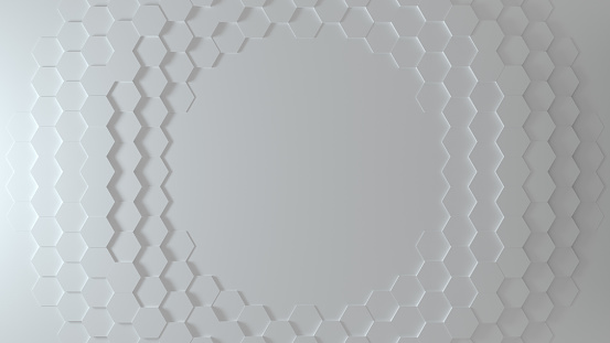 Abstract Honeycomb Background wide angle. Bright white 3D render of hexagon beehive. Great modern trends. Light, minimal, moving hexagonal grid