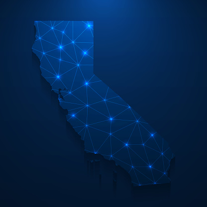 Map of California created with a mesh of thin bright blue lines and glowing dots, isolated on a dark blue background. Conceptual illustration of networks (communication, social, internet, ...). Vector Illustration (EPS10, well layered and grouped). Easy to edit, manipulate, resize or colorize.
