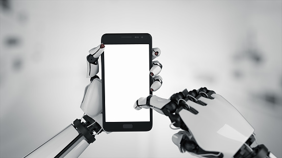 White robot hand holding modern smartphone mockup on grey white background. Robotic android hands with phone. 3d rendering