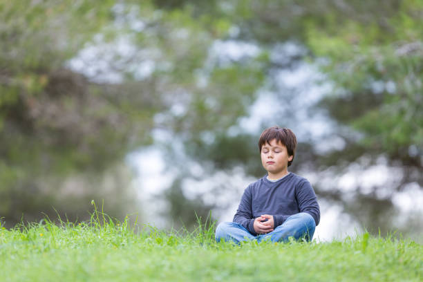 istock Little boy meditating on a green meadow 1235312332