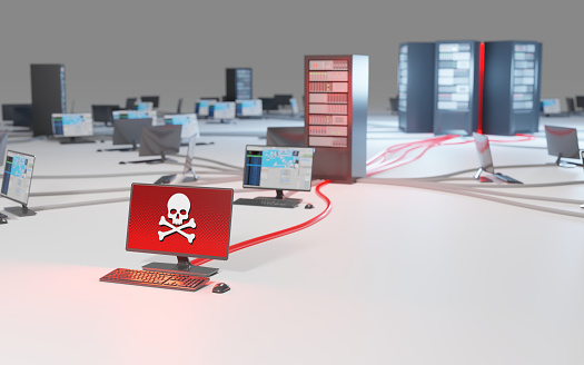 Cybercrime, infiltration and data theft. Network security breach. Compromised computer connected to a network. Digital 3D render concept.