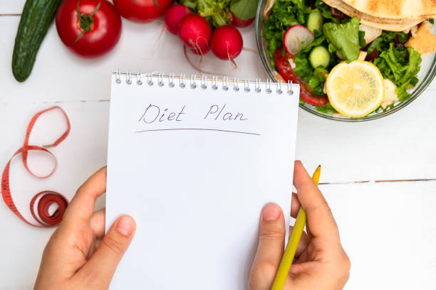 istock Top view of woman hands holding notepad with handwritten words Diet Plan above white table with vegetables and salad 1235347020