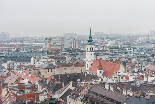 Cityscape with red tiles rooftops and church tower of the old town of Vienna in a heavy snowy day.  View at the tower of St. Stephen's Cathedral in Vienna, Austria.
