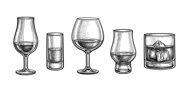 위스키 안경 큰 세트. - vodka shot glass pub glass stock illustrations