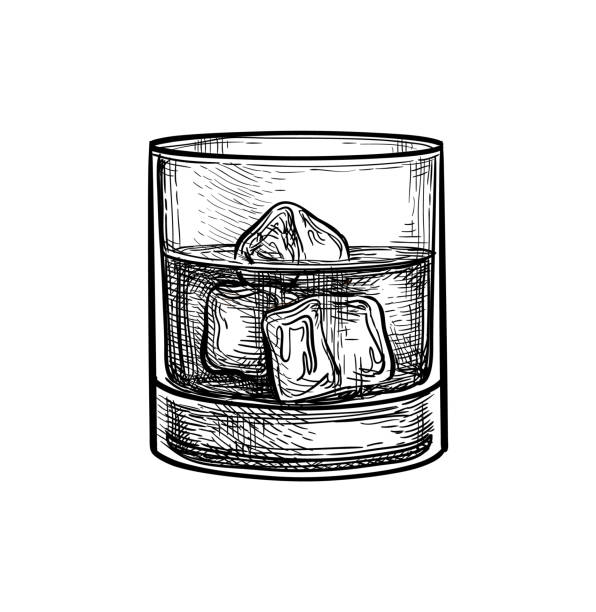 Ink sketch of whiskey glass Glass of whiskey with ice. Ink sketch isolated on white background. Hand drawn vector illustration. Retro style. scotch whiskey illustrations stock illustrations