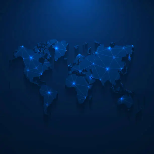 Vector illustration of World map network - Bright mesh on dark blue background