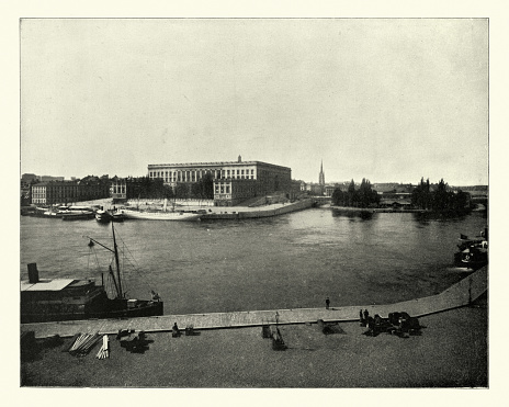 Vintage photograph of Royal Palace in Stockholm, Sweden, 19th Century. Stockholm Palace or the Royal Palace (Swedish: Stockholms slott or Kungliga slottet) is the official residence and major royal palace of the Swedish monarch in a Baroque architecture style