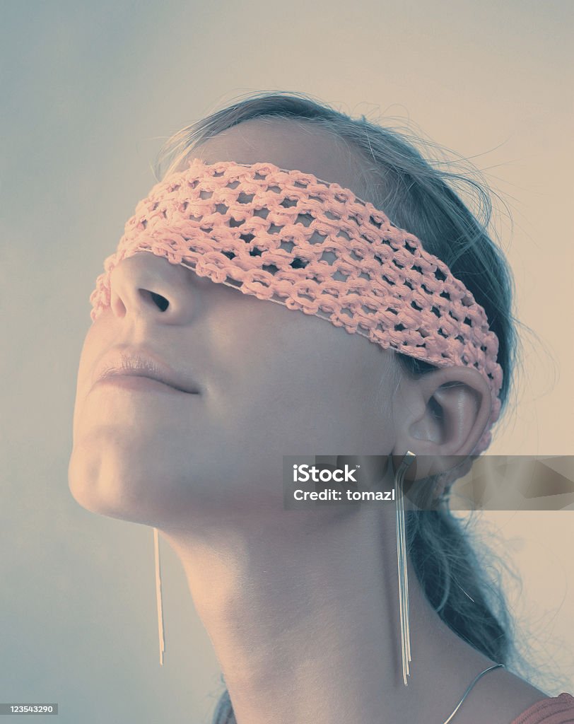 Blind, don't want to see... Girl with eyes covered by textiles. Activity Stock Photo