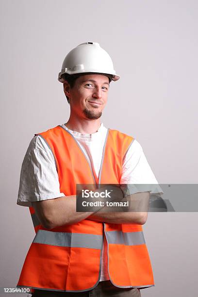 Bauarbeiter Porträt Stockfoto und mehr Bilder von Weste - Weste, Orange - Farbe, Helm