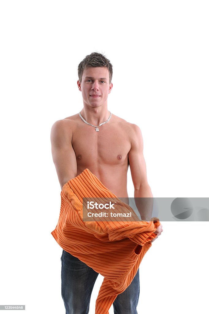 t-shirt arancio in corso - Foto stock royalty-free di A petto nudo