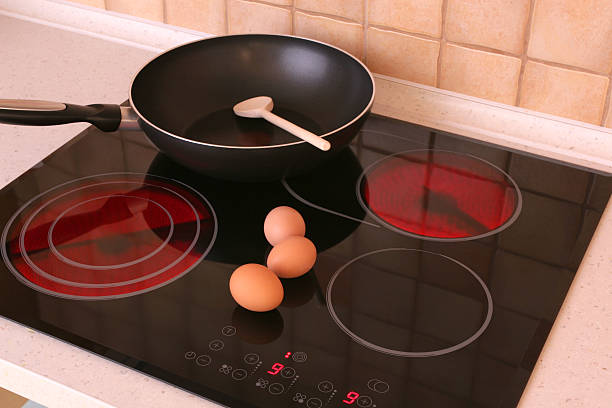 Cooktop Three eggs, pan and hot stove. burner stove top photos stock pictures, royalty-free photos & images