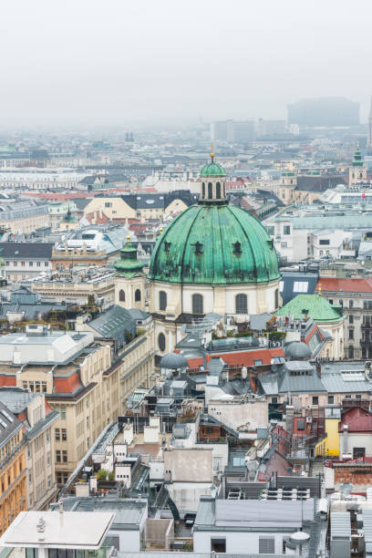 pejzaż wiedeński z peterkirche (kościół świętego piotra) w śnieżny dzień, na starym mieście w wiedniu, austria.  widok na wieżę katedry św. - st peters basilica zdjęcia i obrazy z banku zdjęć