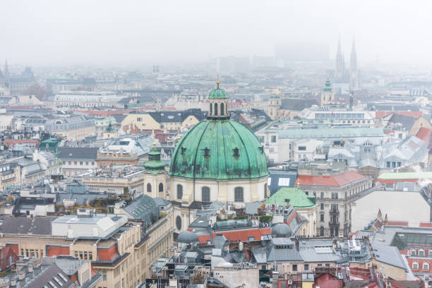 pejzaż wiedeński z peterkirche (kościół świętego piotra) w śnieżny dzień, na starym mieście w wiedniu, austria.  widok na wieżę katedry św. - st peters basilica zdjęcia i obrazy z banku zdjęć