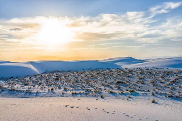 arena blanca dunas monumento nacional colinas de arena de yeso y arbustos plantas en nuevo méxico con montañas de órgano en el horizonte durante la colorida puesta de sol amarilla, sol detrás de las nubes - alamogordo fotografías e imágenes de stock