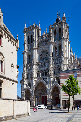 Amiens, France - May 30 2020: The Amiens Cathedral (French: Basilique Cathédrale Notre-Dame d'Amiens), is a Roman Catholic church in the old town.