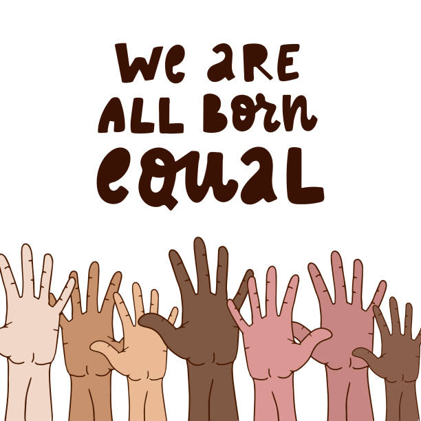 ilustrações de stock, clip art, desenhos animados e ícones de hand lettering anti racist quote 'we are all born equal' - 2359