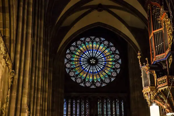 Photo of Interior of the famous cathedral of Strasbourg .