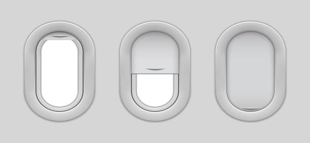 istock Airplane window isolated mockup. Open and closed airplane windows from inside view. Porthole interior in cabin of airplane. Three realistic fuselage for travel of passenger in plane. vector. 1235586033
