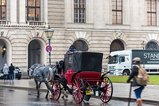 Horse-Drawn Carriage for touristic attraction in the old town of Vienna, Austria at a rainy day.