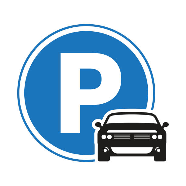 ilustrações, clipart, desenhos animados e ícones de ícone da placa de estacionamento de carro / automóvel com formato de círculo - parking