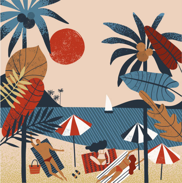 istock Summer beach party vacation illustration. People relaxing on the beach 1235664259