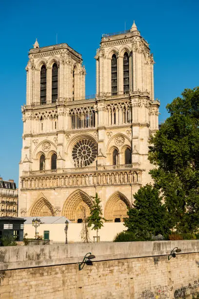 Photo of Tower of the Notre-Dame de Paris after the big fire, a medieval Catholic cathedral on the Île de la Cité in the 4th arrondissement of Paris.