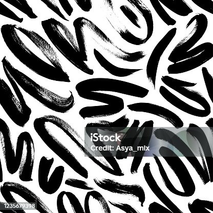 istock Wavy and swirled brush strokes seamless pattern. Vector brushstrokes, smears, lines, squiggle pattern. 1235679398