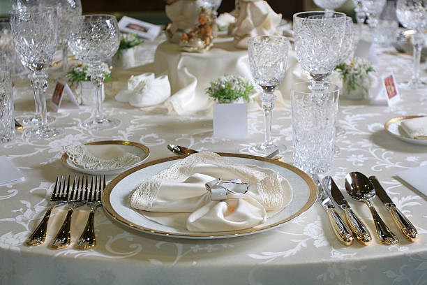 Celebration table setting Celebration table setting. Full service...  formal dinning stock pictures, royalty-free photos & images