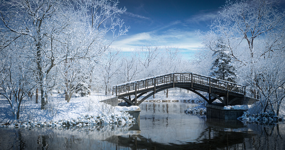 Bridge over a river in snow