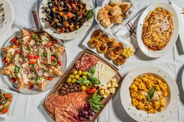 istock variety food on a table cloth restaurant directly above 1235685137