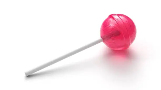 Sweet pink lollipop on stick isolated on white background. Round candy on stick. 3d rendering