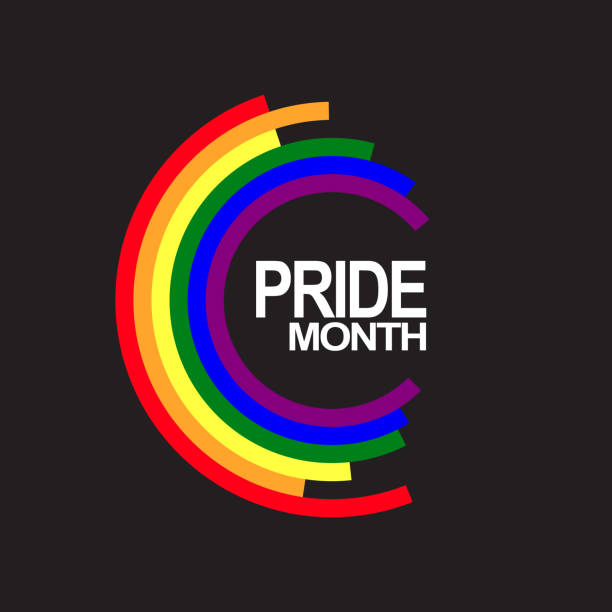 Logo with LGBT and homosexual pride celebration concept. Template with colored in six rainbow color. Graphic element isolated on black background Abstract circle colored in rainbow color and text pride month inside in circle isolated on black background. Pride and LGBT concept. Copy space for design or text. Flat vector illustration rainbow icon stock illustrations