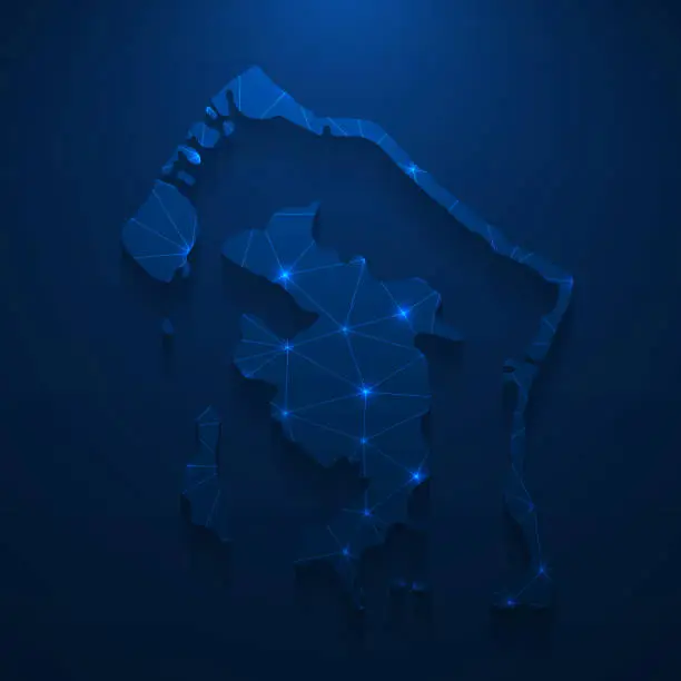 Vector illustration of Bora Bora map network - Bright mesh on dark blue background