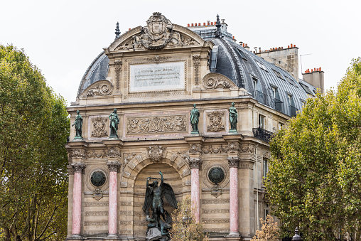 Fontaine Saint-Michel,  by the architect Gabriel Davioud, a monumental fountain located in Place Saint-Michel in the 6th arrondissement in Paris, France.